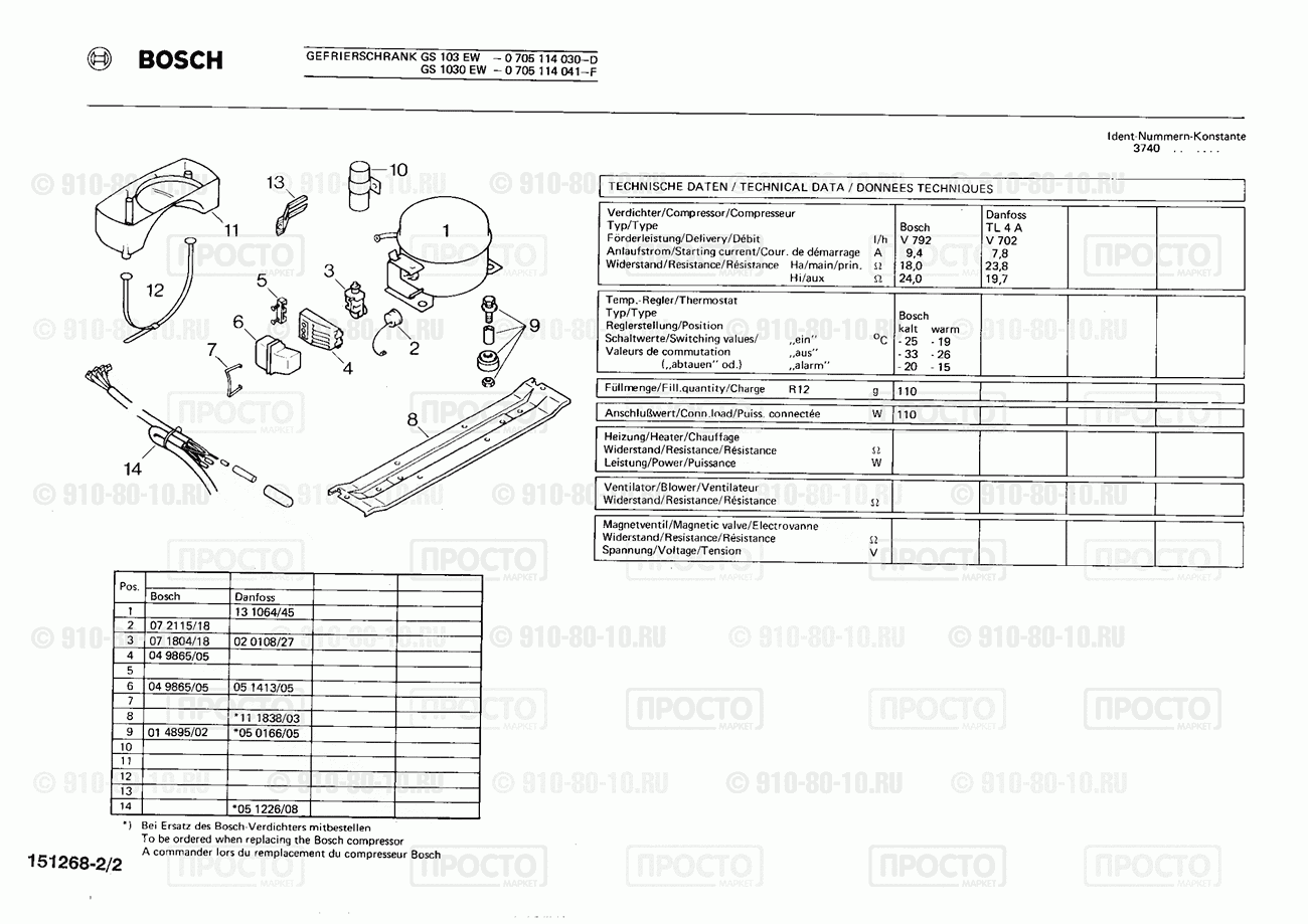 Холодильник Bosch 0705114030(00) - взрыв-схема