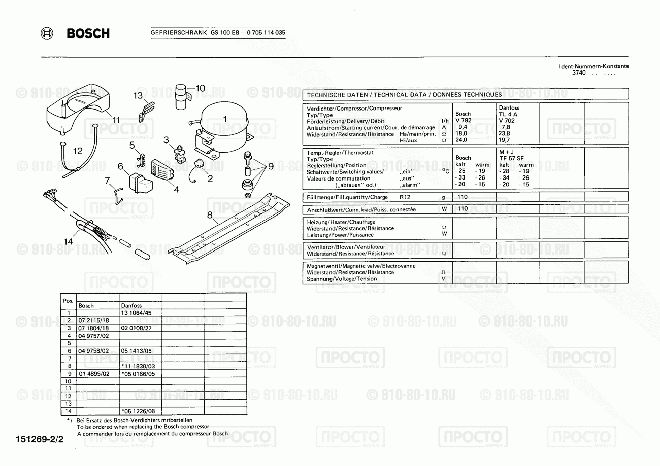 Холодильник Bosch 0705114035(00) - взрыв-схема