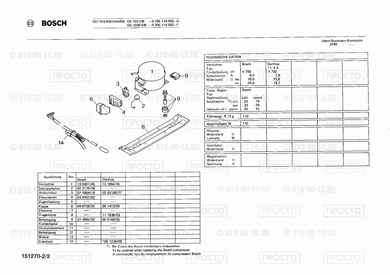 Холодильник Bosch 0705114050(00) - взрыв-схема