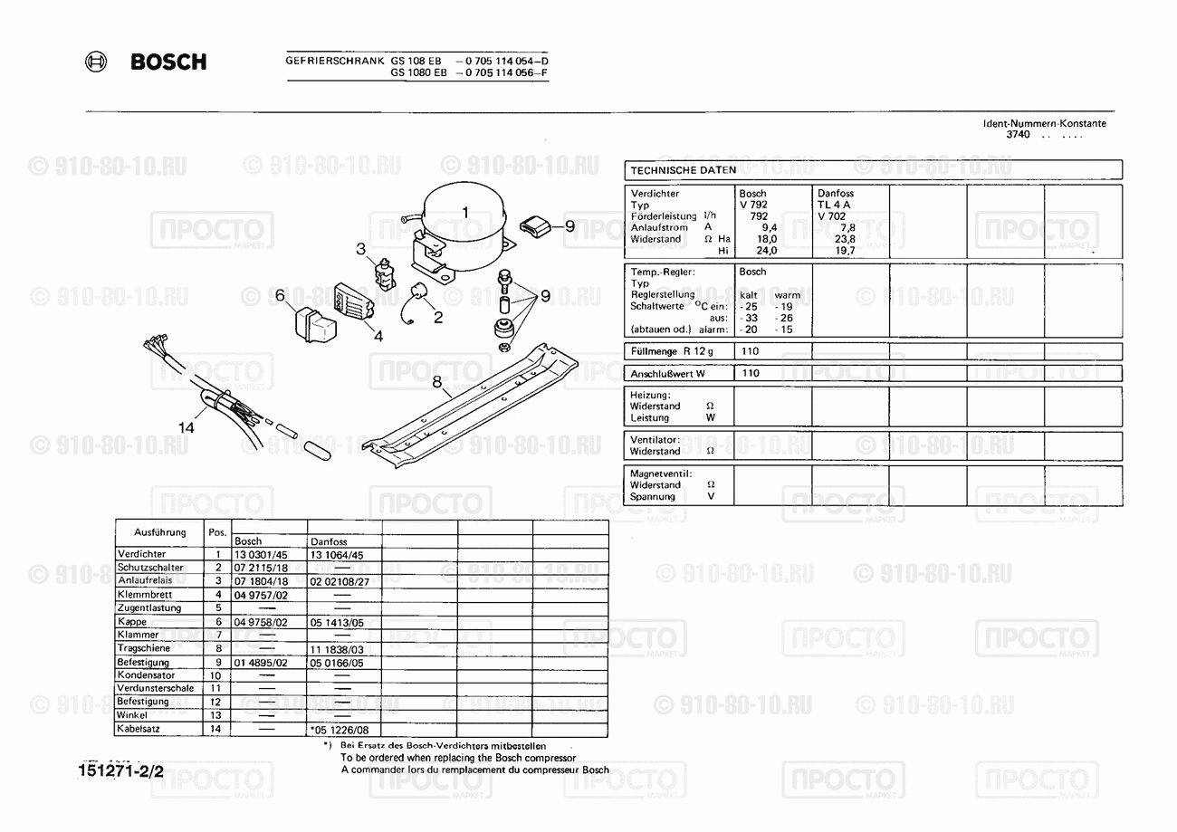 Холодильник Bosch 0705114054(00) - взрыв-схема