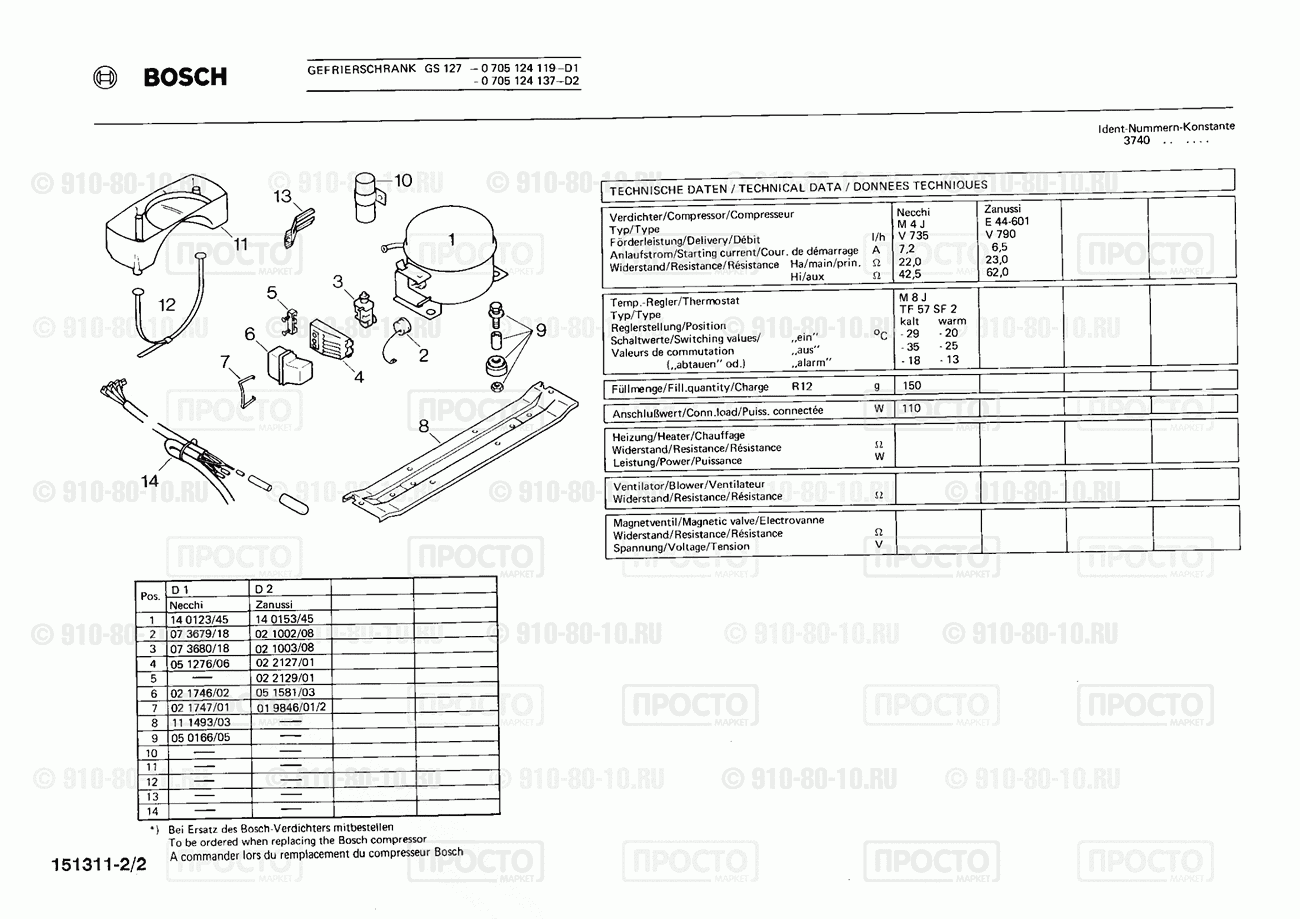 Холодильник Bosch 0705124137(00) - взрыв-схема