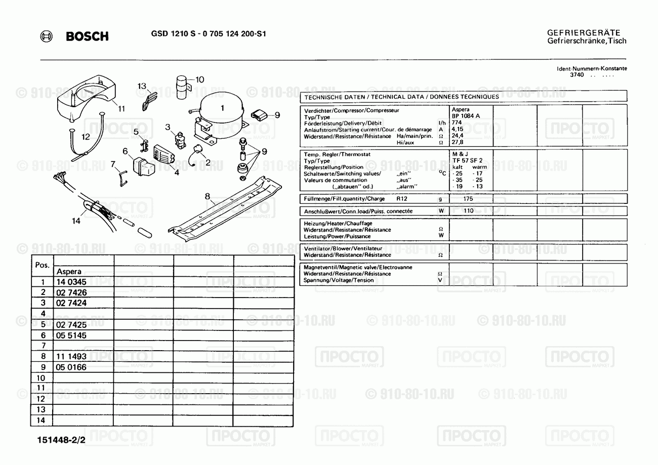 Холодильник Bosch 0705124200(00) - взрыв-схема