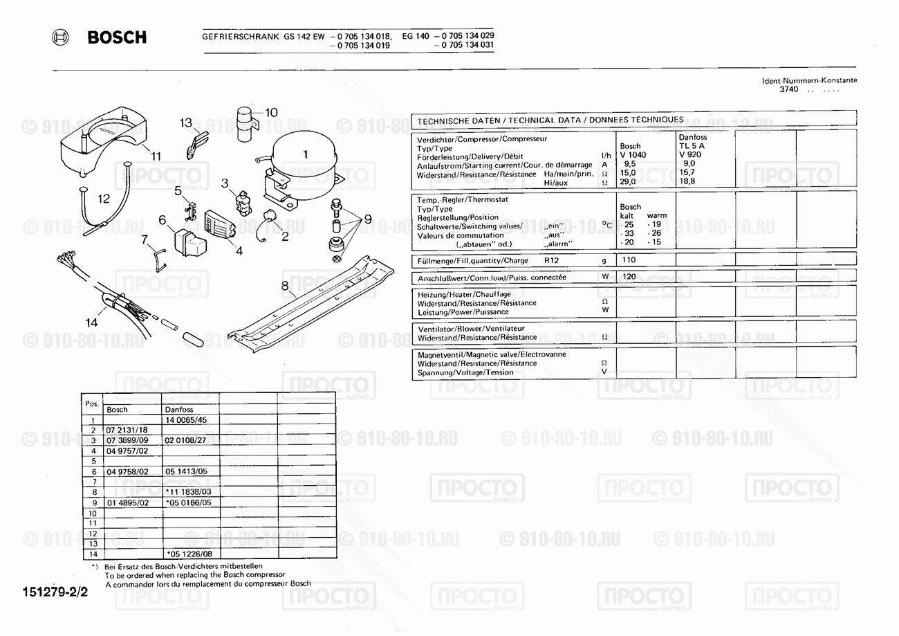 Холодильник Bosch 0705134018(00) - взрыв-схема