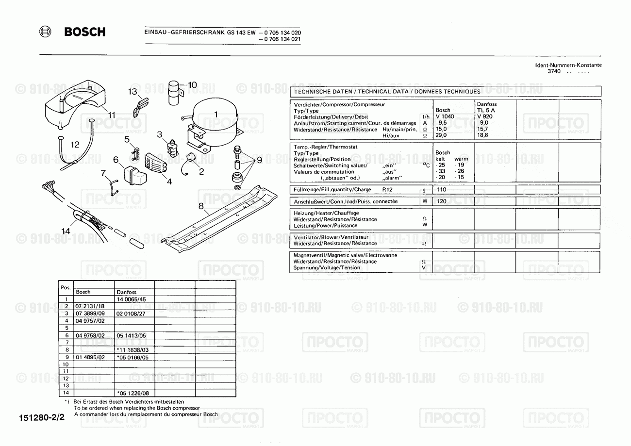 Холодильник Bosch 0705134020(00) - взрыв-схема