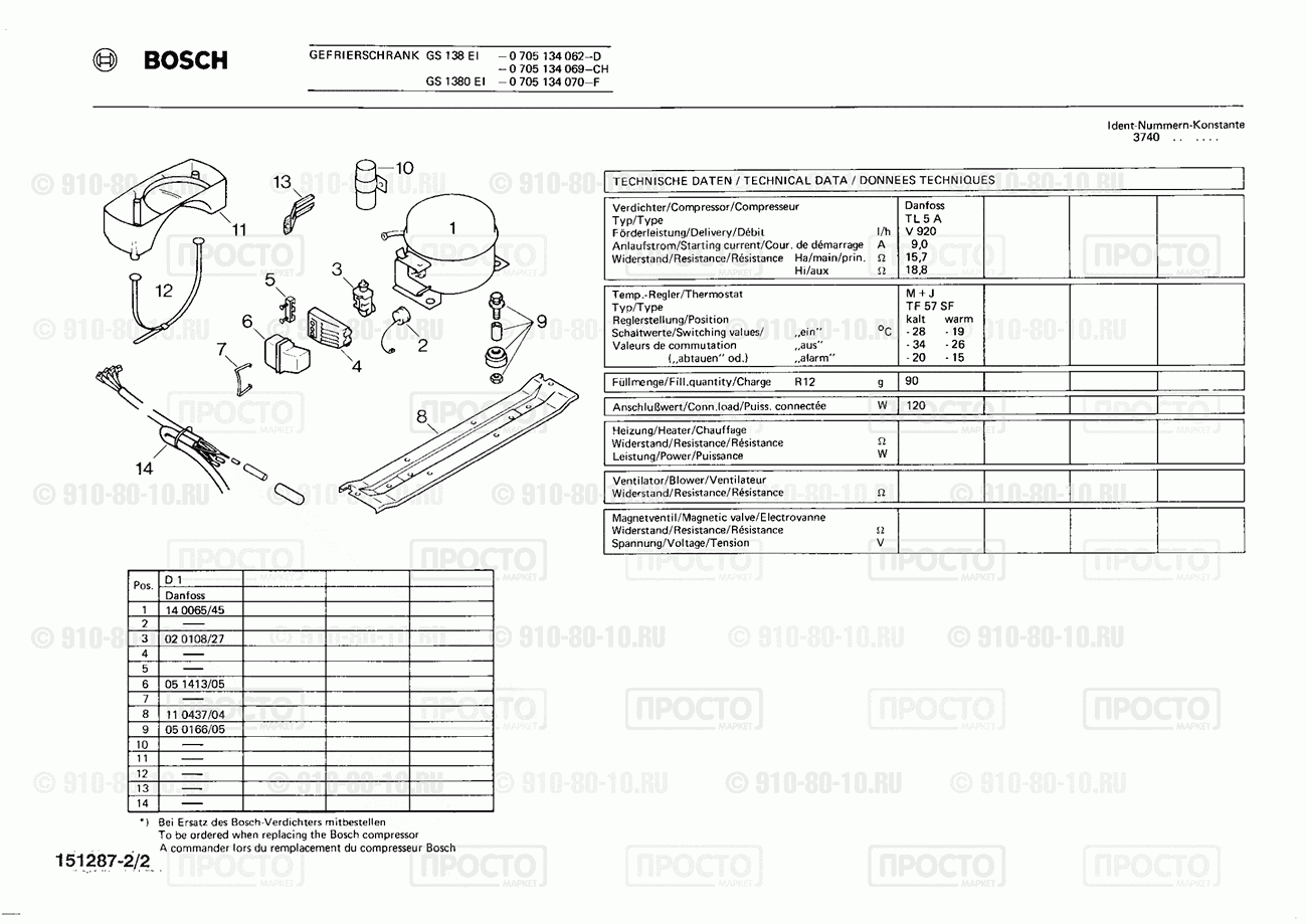 Холодильник Bosch 0705134062(00) - взрыв-схема