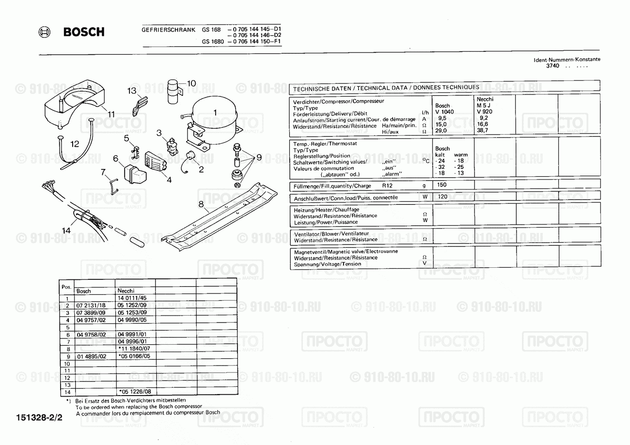 Холодильник Bosch 0705144150(00) - взрыв-схема