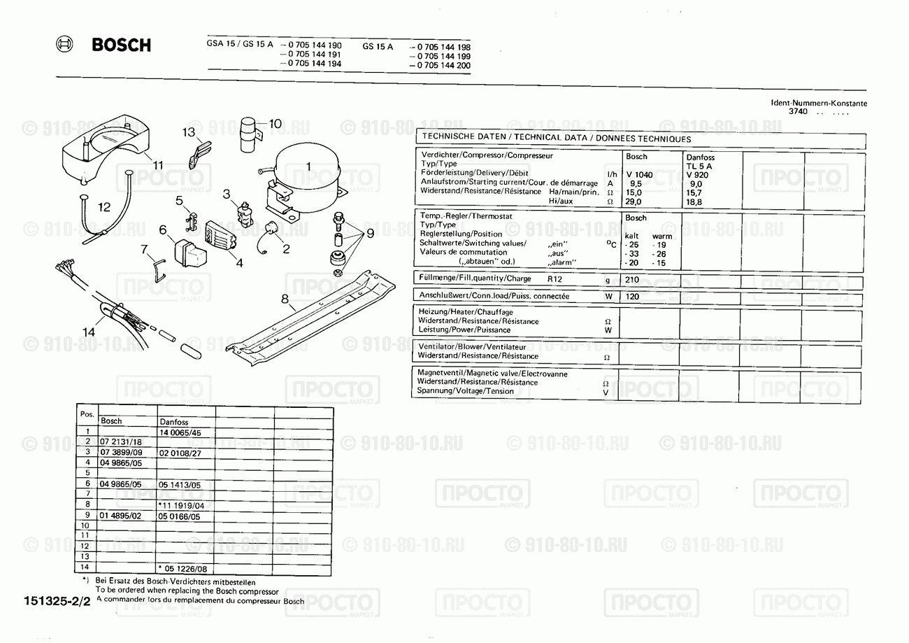 Холодильник Bosch 0705144190(00) - взрыв-схема