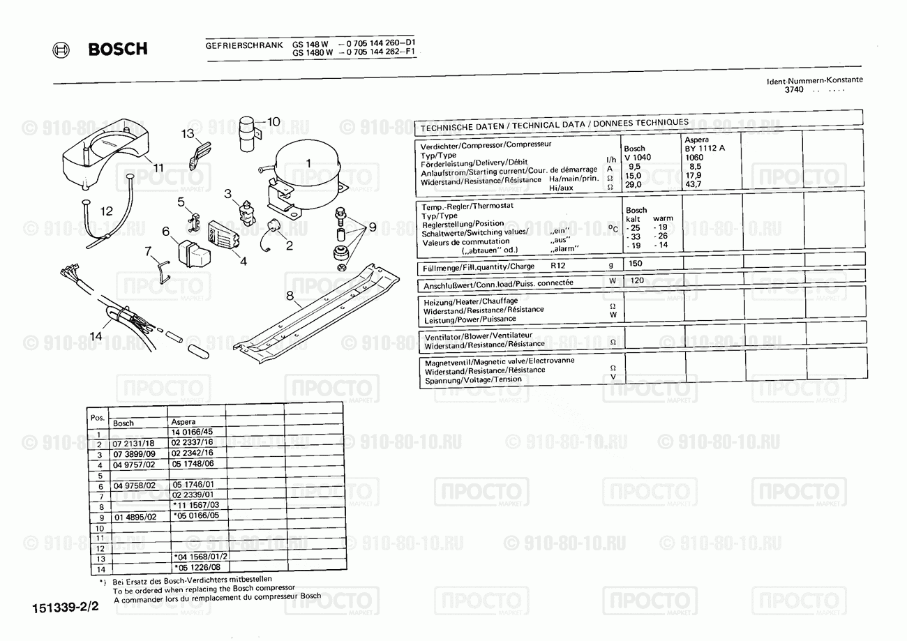 Холодильник Bosch 0705144260(00) - взрыв-схема