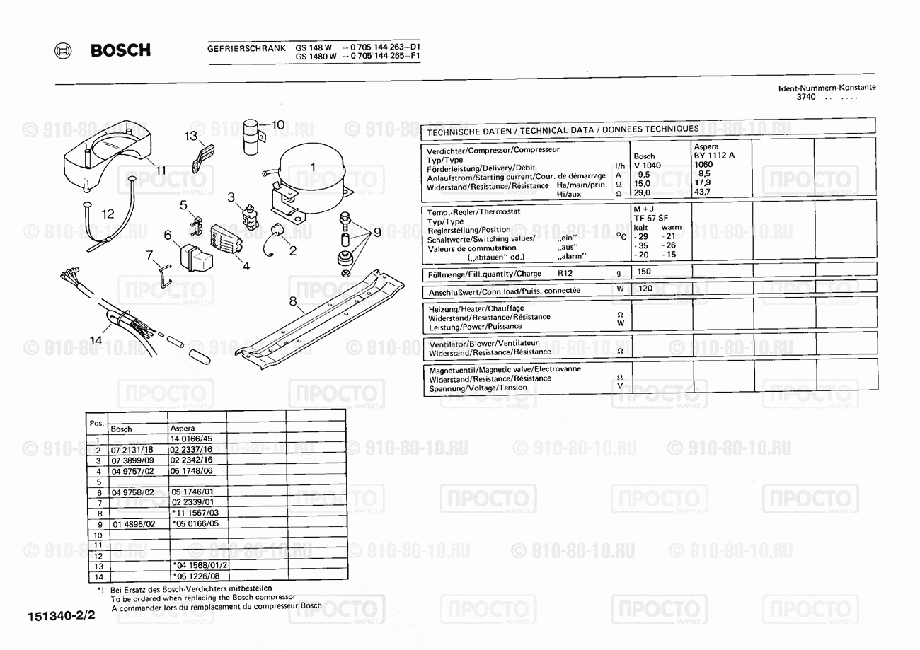 Холодильник Bosch 0705144265(00) - взрыв-схема