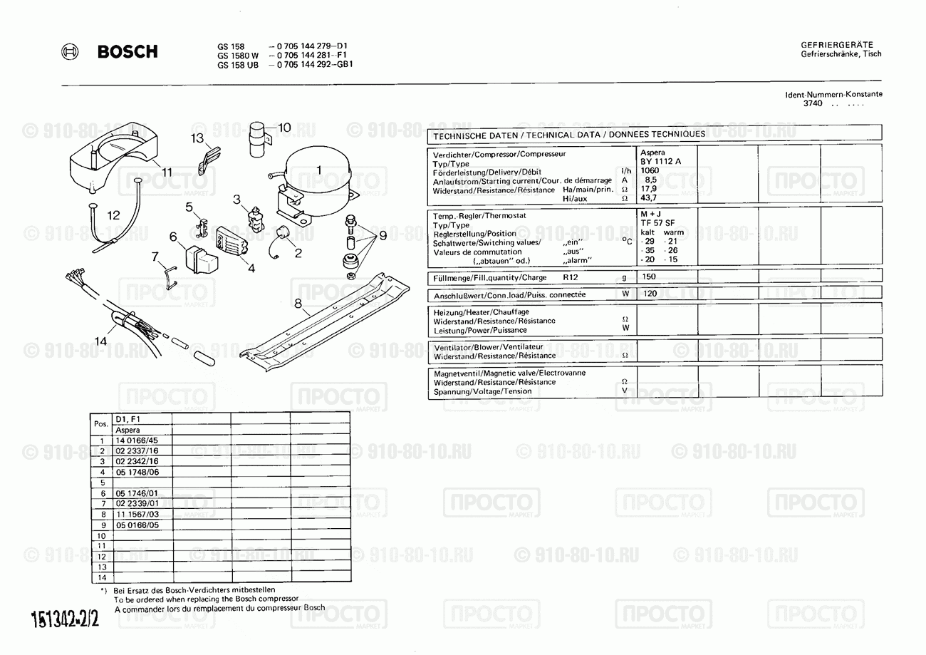 Холодильник Bosch 0705144281(00) - взрыв-схема