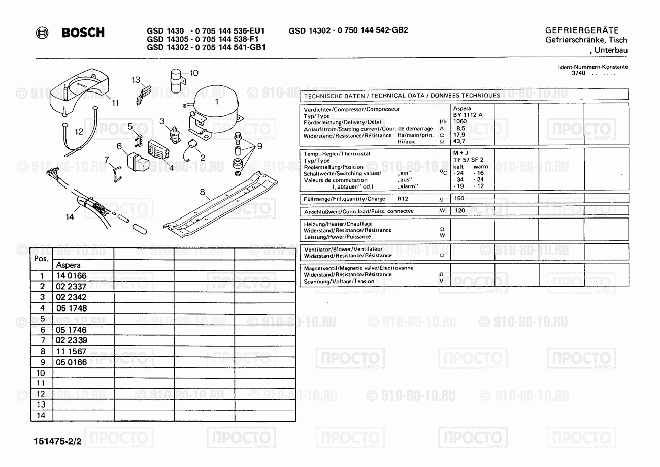 Холодильник Bosch 0705144536(00) - взрыв-схема