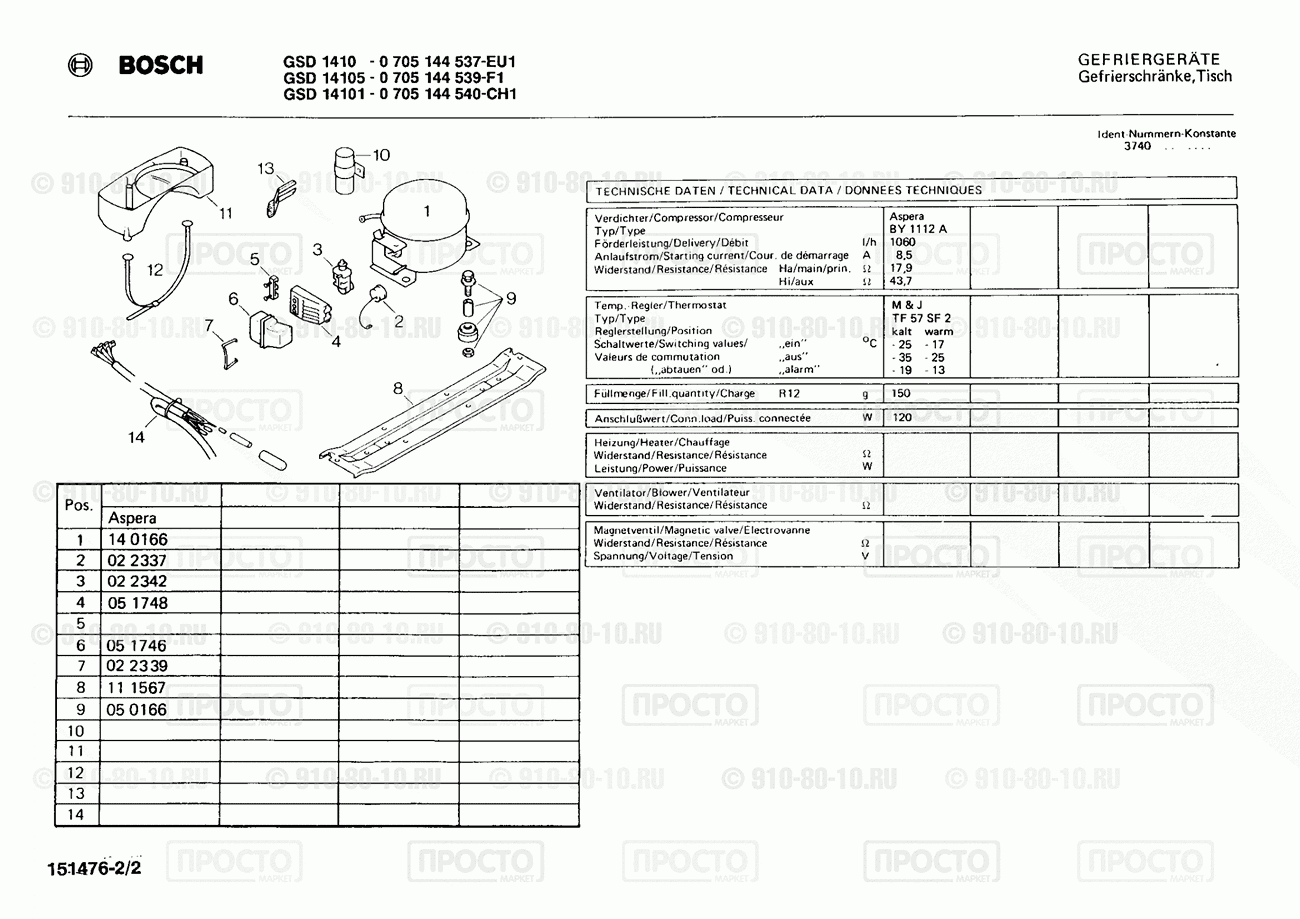 Холодильник Bosch 0705144537(00) - взрыв-схема