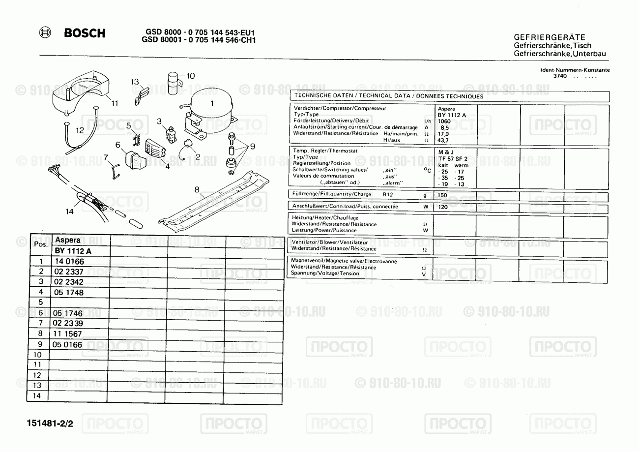 Холодильник Bosch 0705144543(00) - взрыв-схема