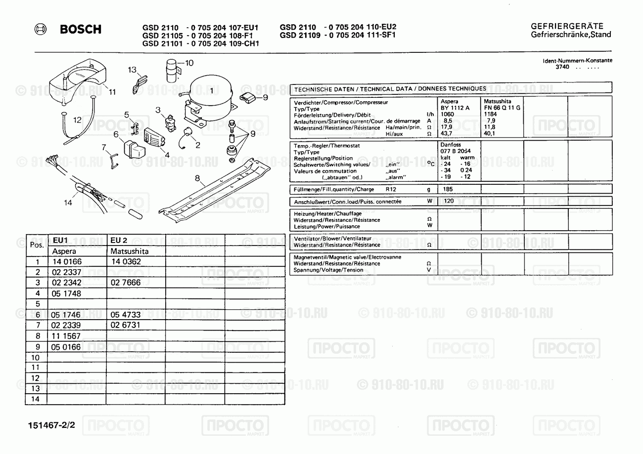 Холодильник Bosch 0705204107(00) - взрыв-схема