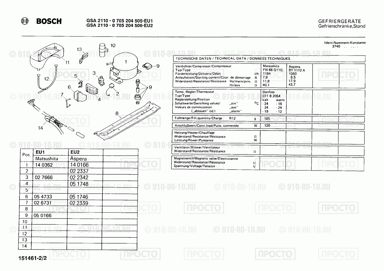 Холодильник Bosch 0705204505(00) - взрыв-схема
