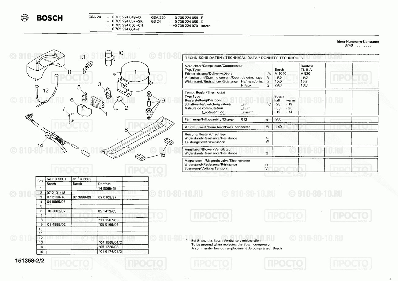 Холодильник Bosch 0705224055(00) - взрыв-схема