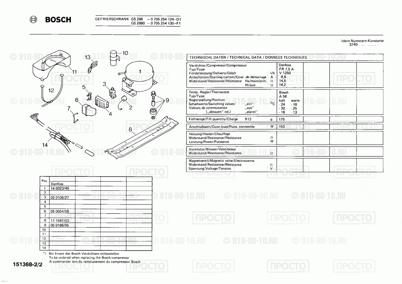 Холодильник Bosch 0705254124(00) - взрыв-схема
