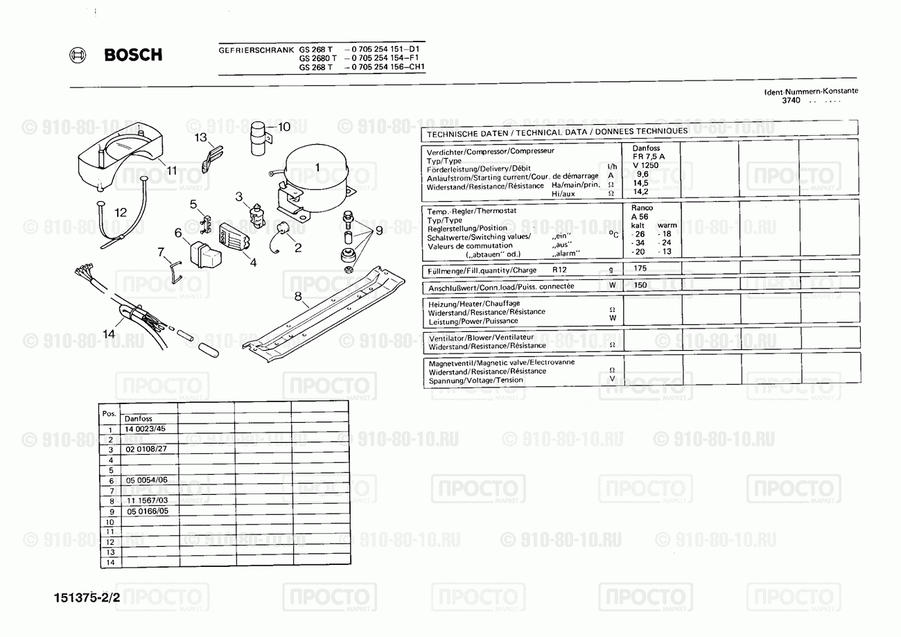 Холодильник Bosch 0705254151(00) - взрыв-схема