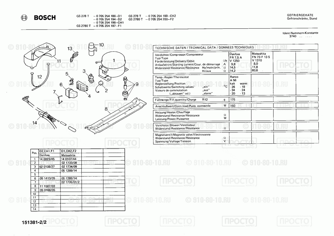 Холодильник Bosch 0705254186(00) - взрыв-схема