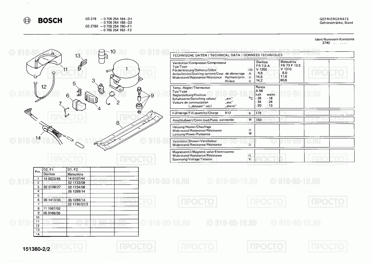 Холодильник Bosch 0705254188(00) - взрыв-схема