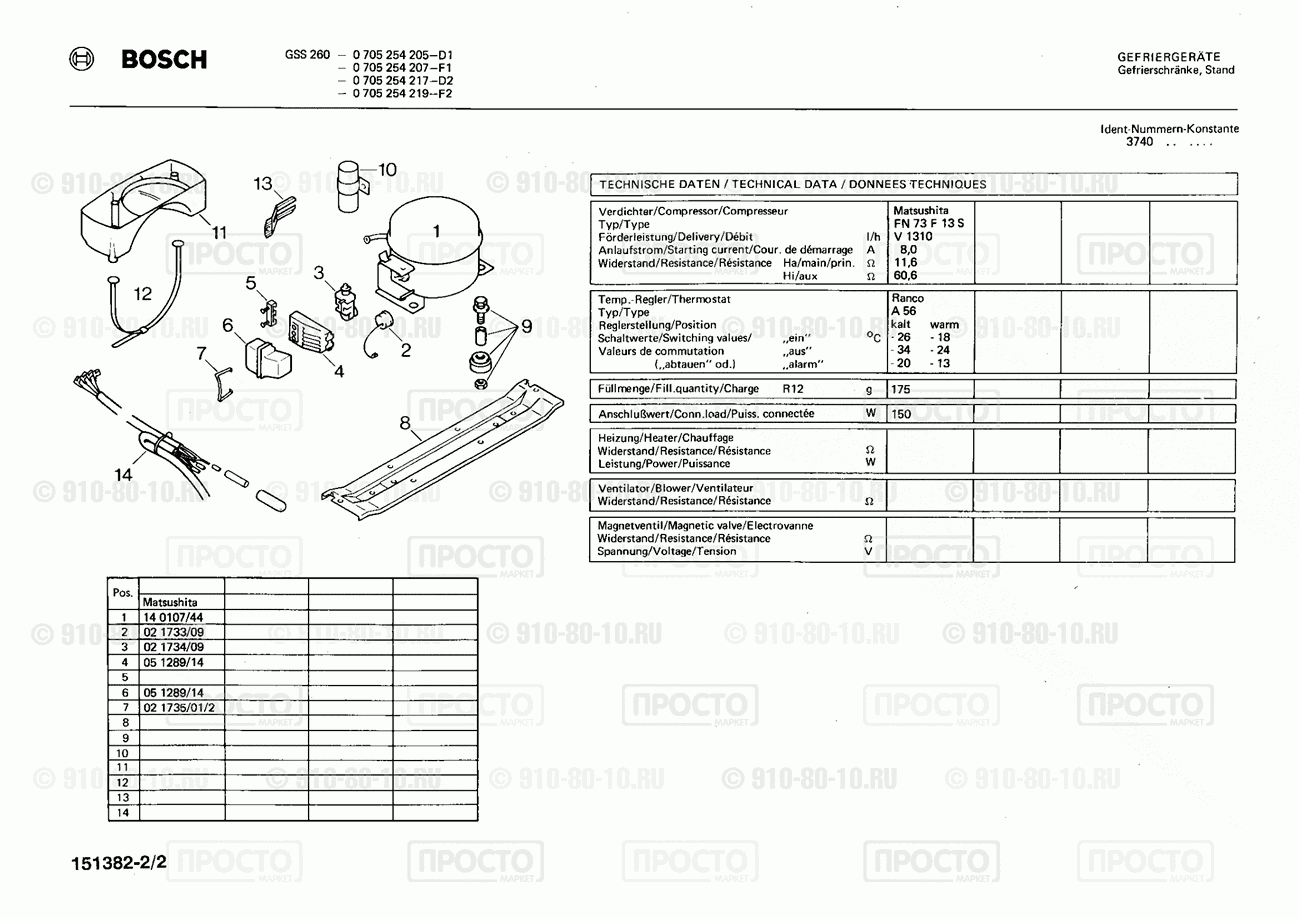 Холодильник Bosch 0705254205(00) - взрыв-схема
