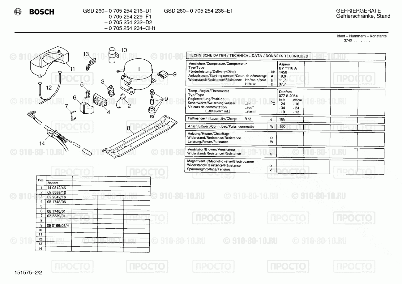 Холодильник Bosch 0705254216(00) - взрыв-схема