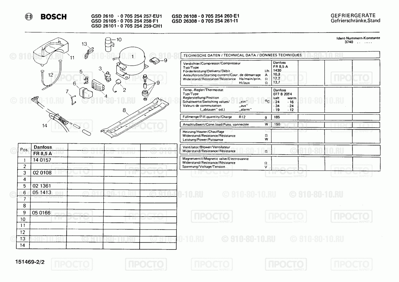 Холодильник Bosch 0705254257(00) - взрыв-схема