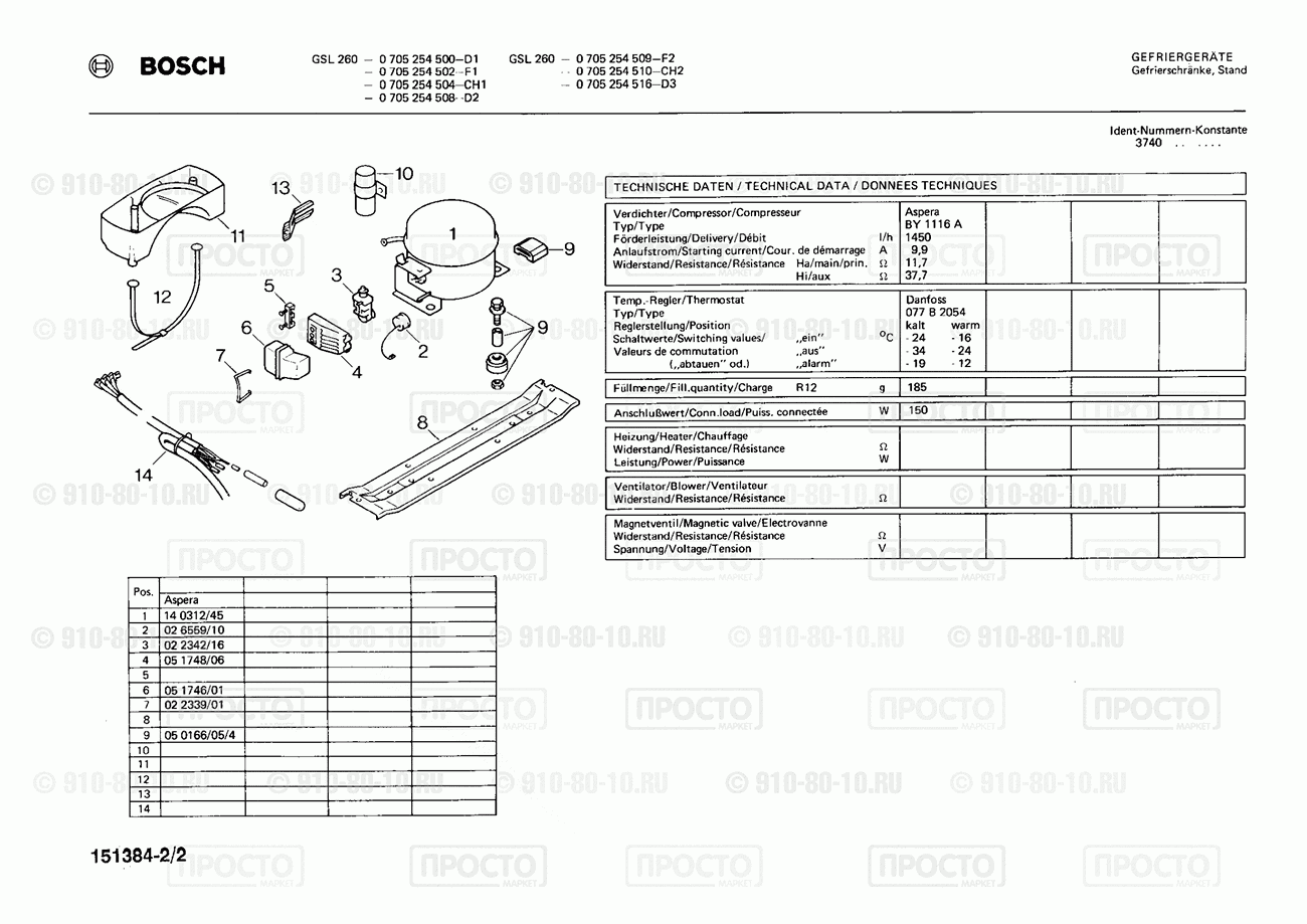 Холодильник Bosch 0705254500(00) - взрыв-схема
