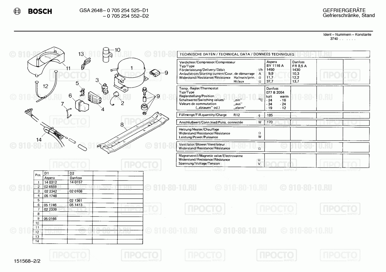 Холодильник Bosch 0705254525(00) - взрыв-схема