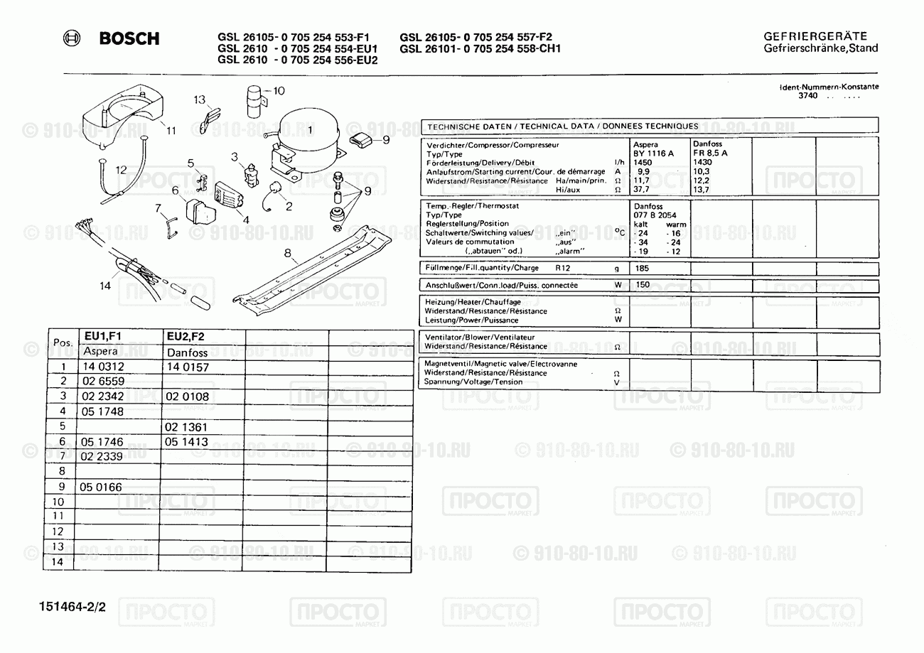 Холодильник Bosch 0705254553(00) - взрыв-схема