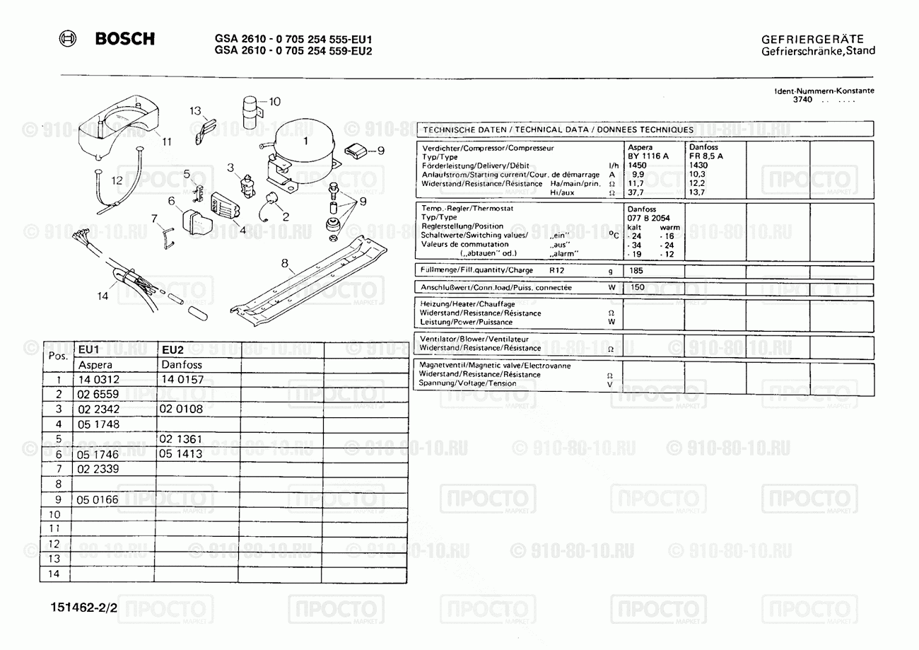 Холодильник Bosch 0705254555(00) - взрыв-схема