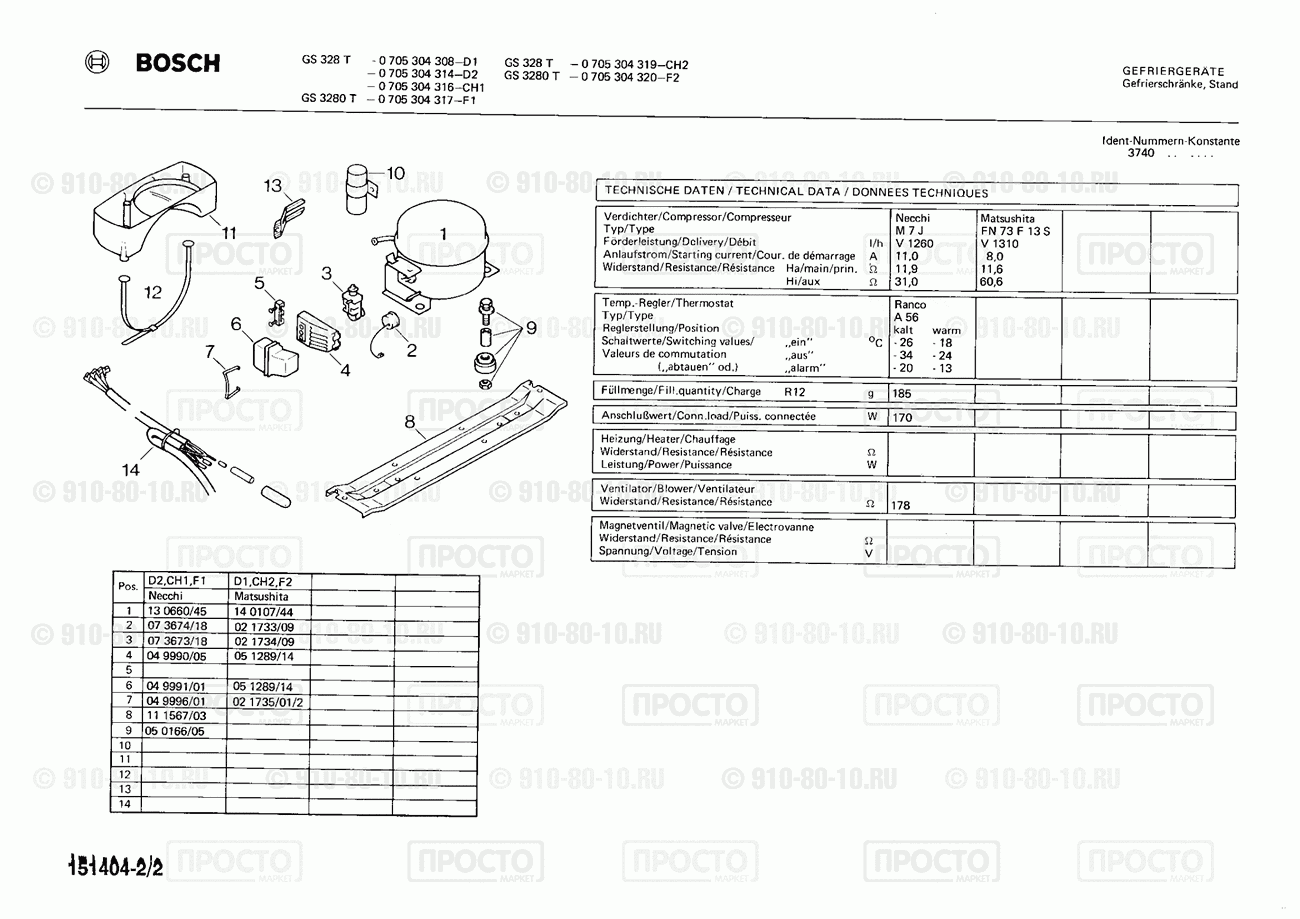 Холодильник Bosch 0705304314(00) - взрыв-схема