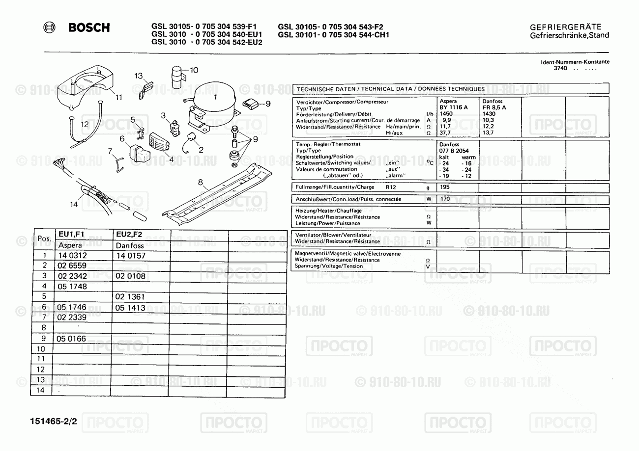 Холодильник Bosch 0705304539(00) - взрыв-схема