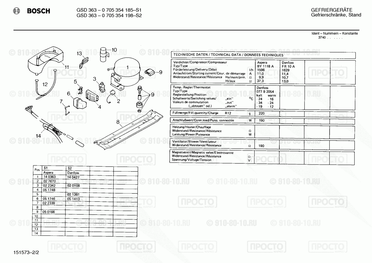 Холодильник Bosch 0705354198(00) - взрыв-схема