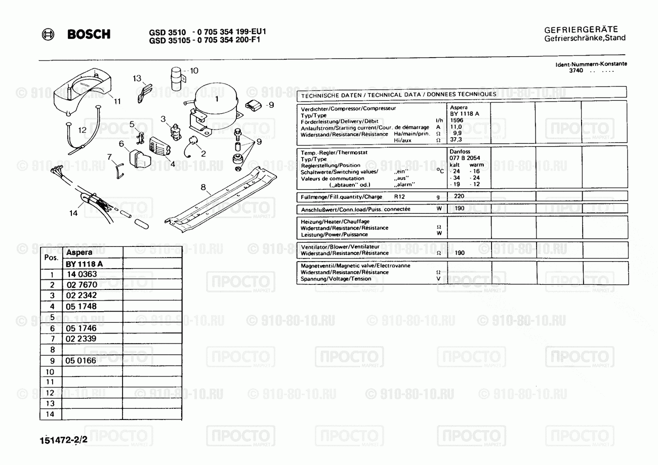 Холодильник Bosch 0705354199(00) - взрыв-схема