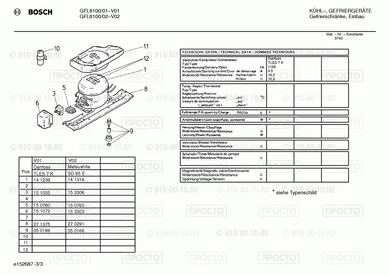 Холодильник Bosch GFL8100/01 - взрыв-схема