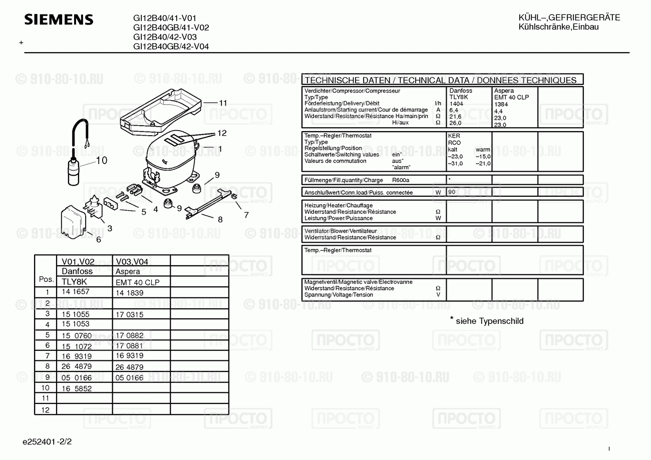 Холодильник Siemens GI12B40/41 - взрыв-схема
