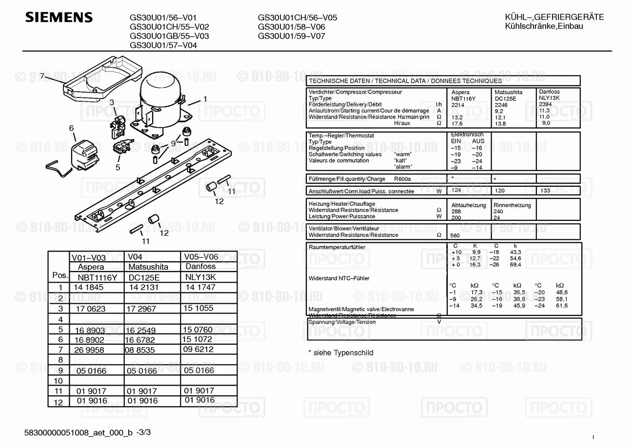 Холодильник Siemens GS30U01/58 - взрыв-схема