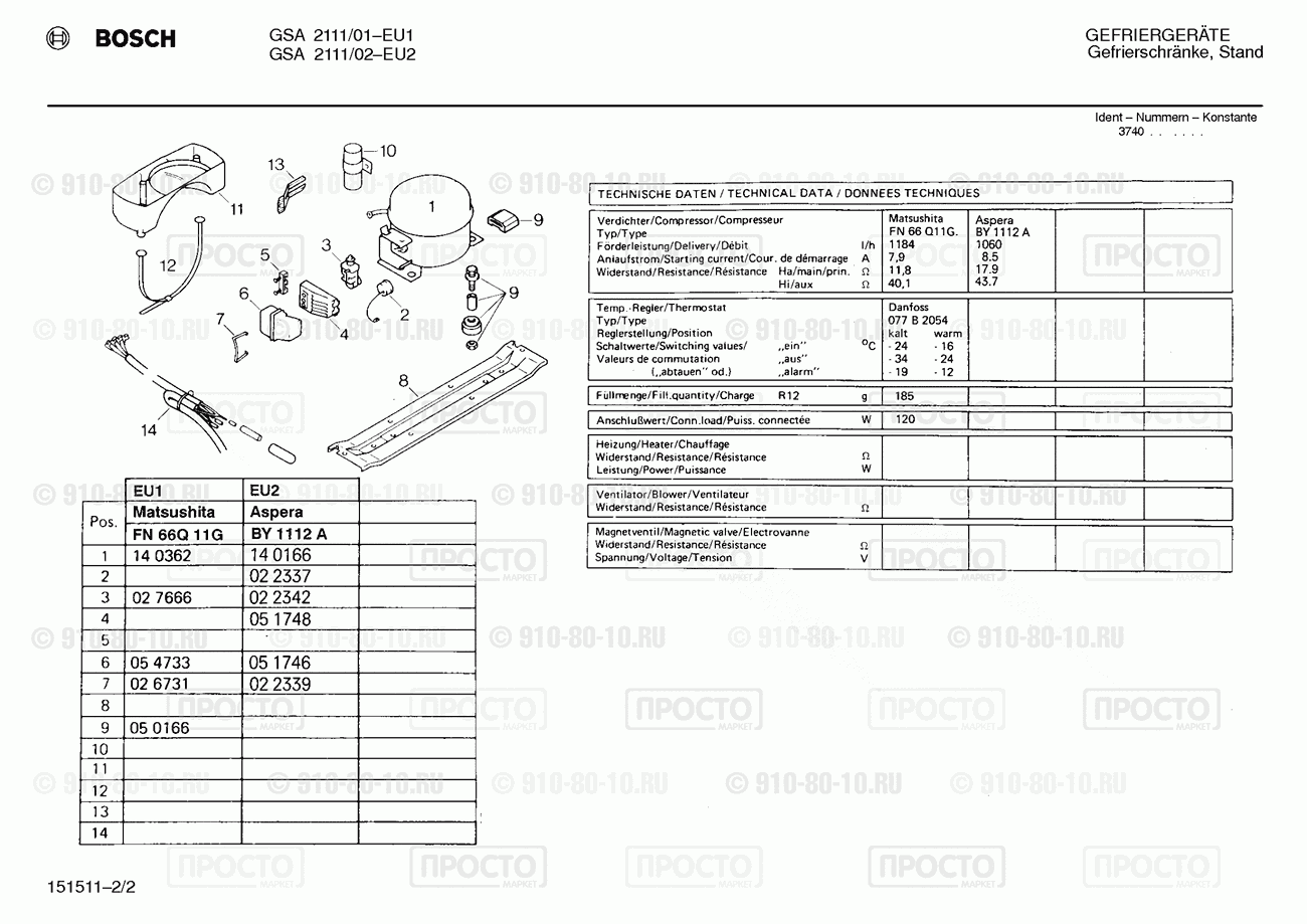 Холодильник Bosch GSA2111/02 - взрыв-схема