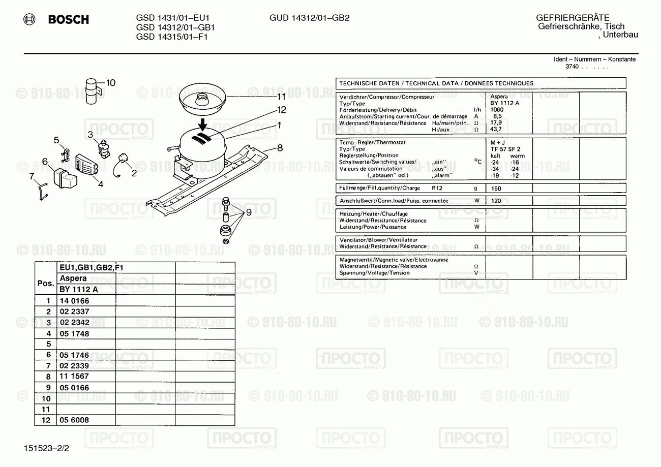 Холодильник Bosch GSD1431/01 - взрыв-схема