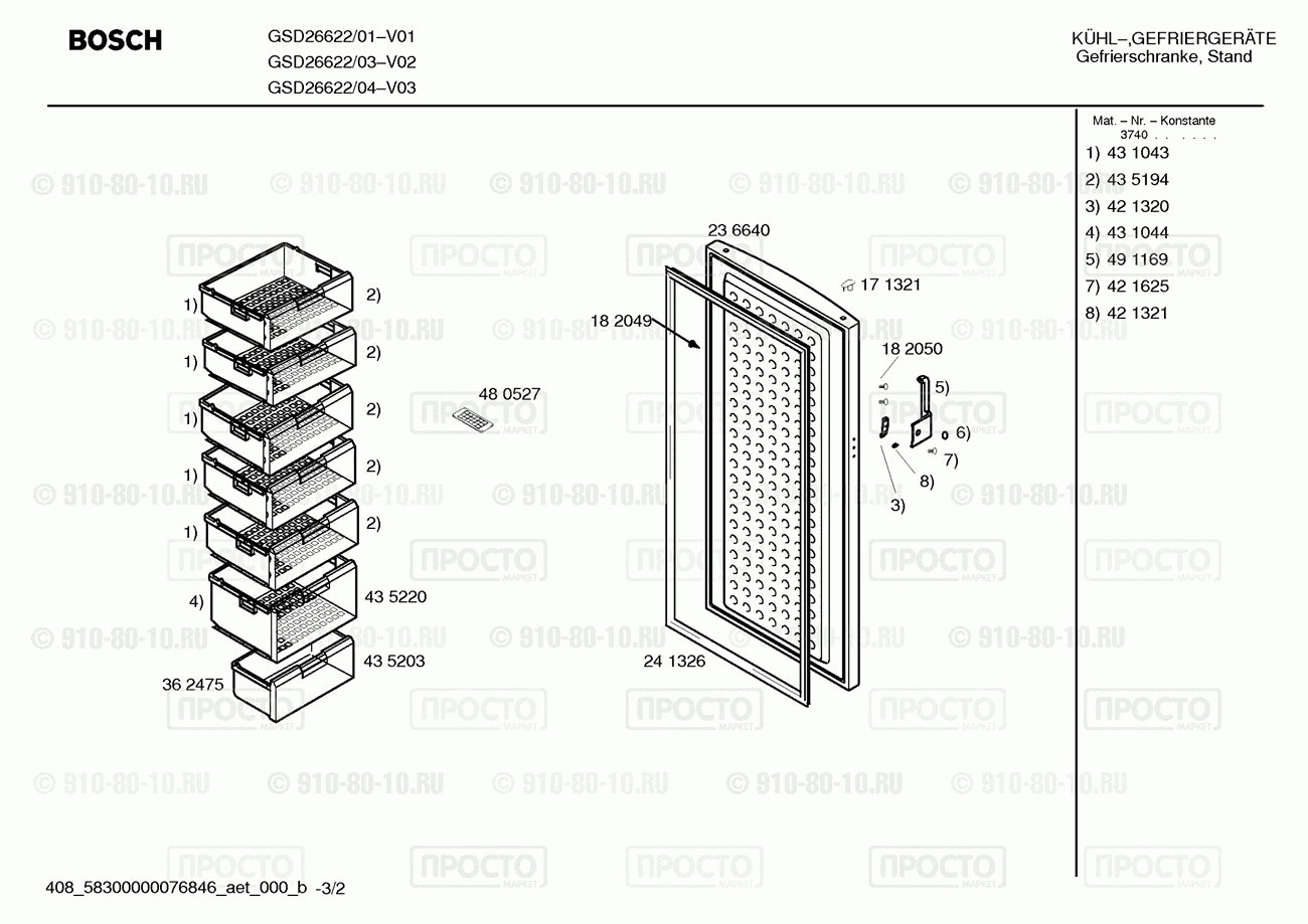 Холодильник Bosch GSD26622/01 - взрыв-схема