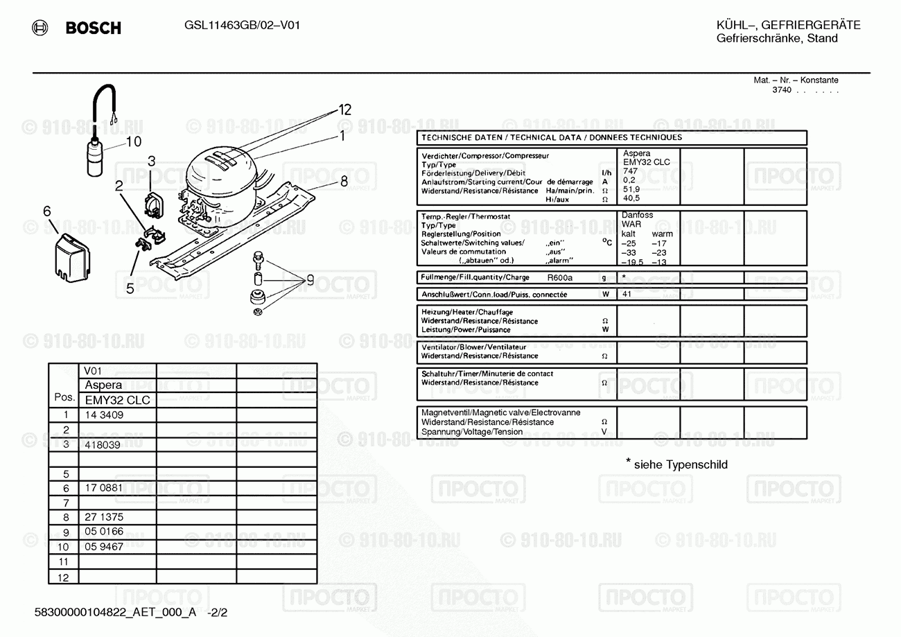 Холодильник Bosch GSL11463GB/02 - взрыв-схема