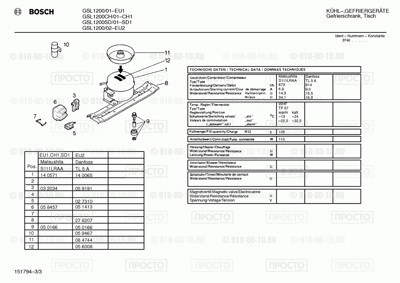 Холодильник Bosch GSL1200/01 - взрыв-схема