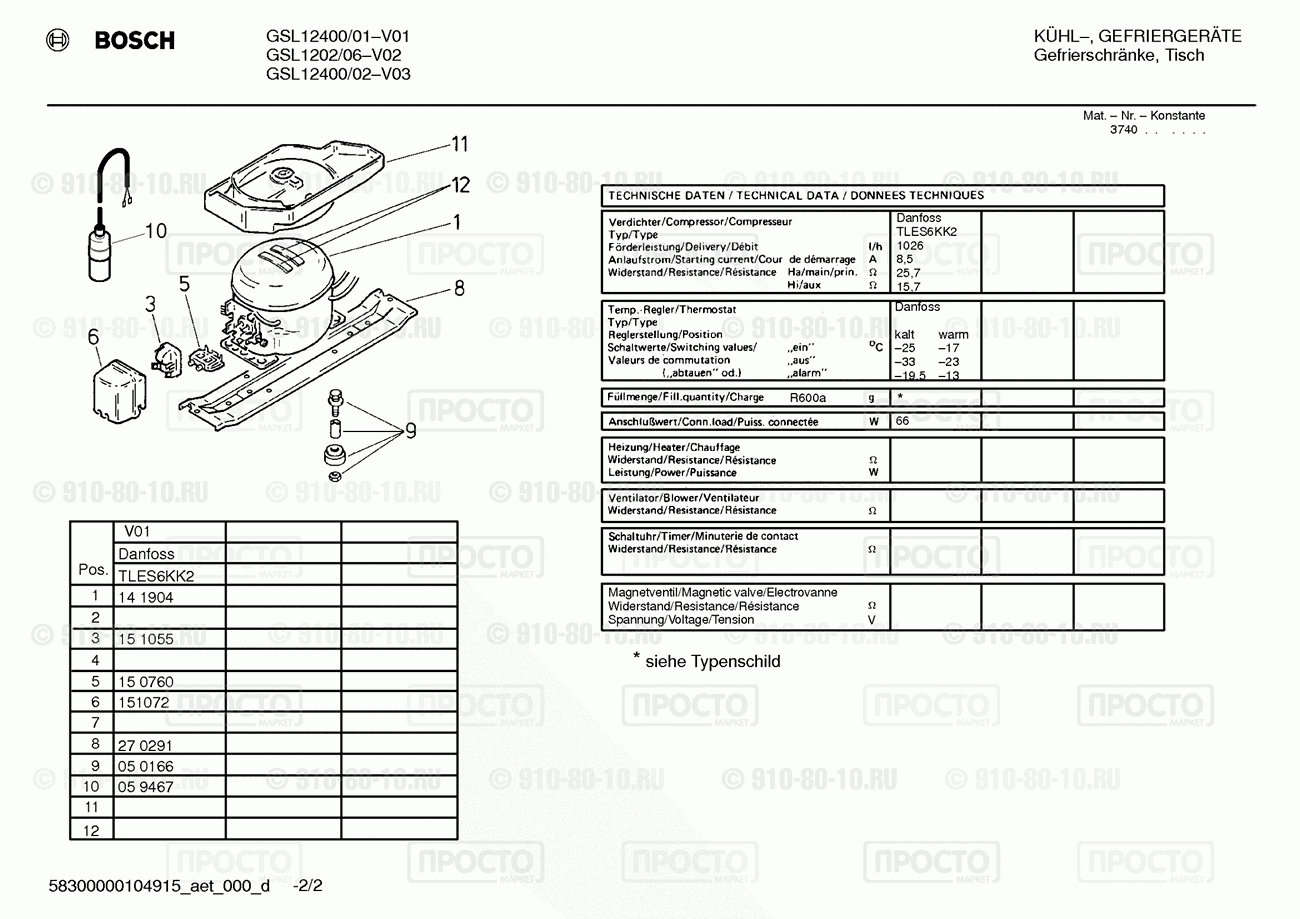 Холодильник Bosch GSL1202/06 - взрыв-схема