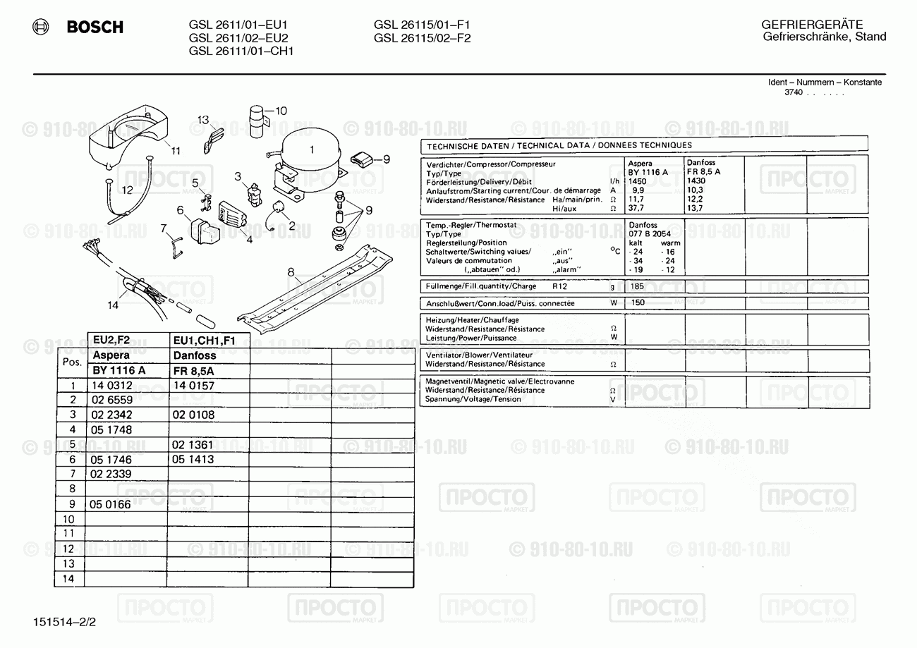 Холодильник Bosch GSL26111/01 - взрыв-схема