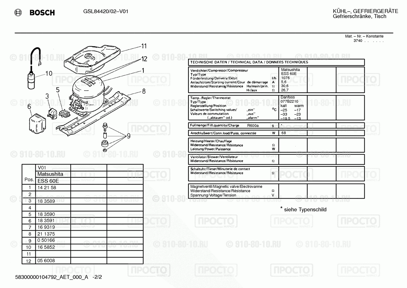 Холодильник Bosch GSL84420/02 - взрыв-схема