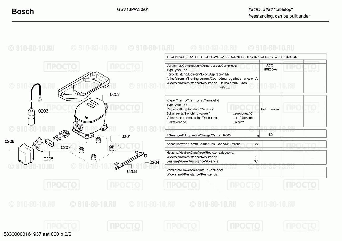 Холодильник Bosch GSV16PW30/01 - взрыв-схема