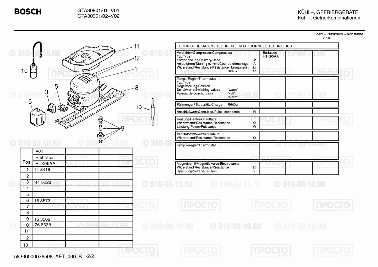Холодильник Bosch GTA30901/01 - взрыв-схема
