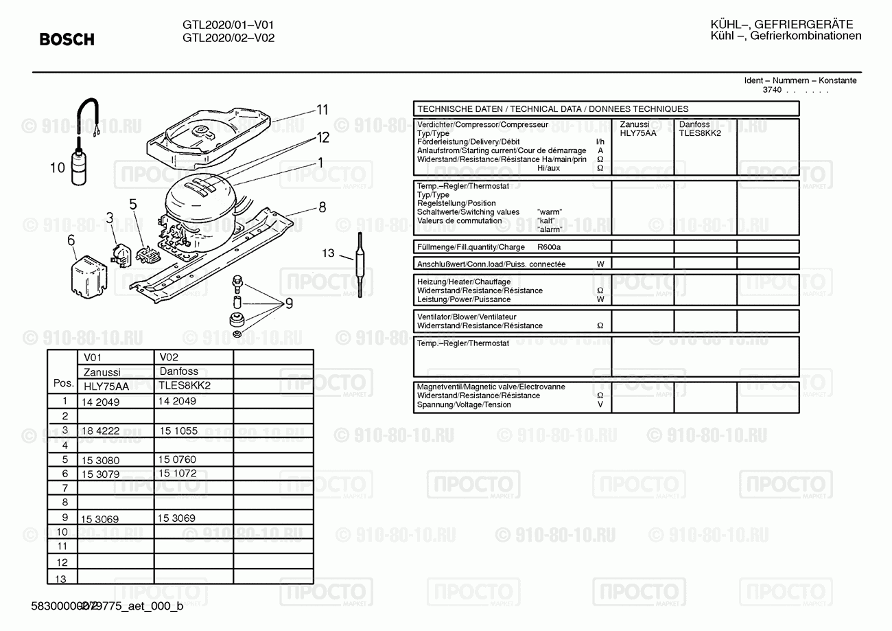 Холодильник Bosch GTL2020/01 - взрыв-схема