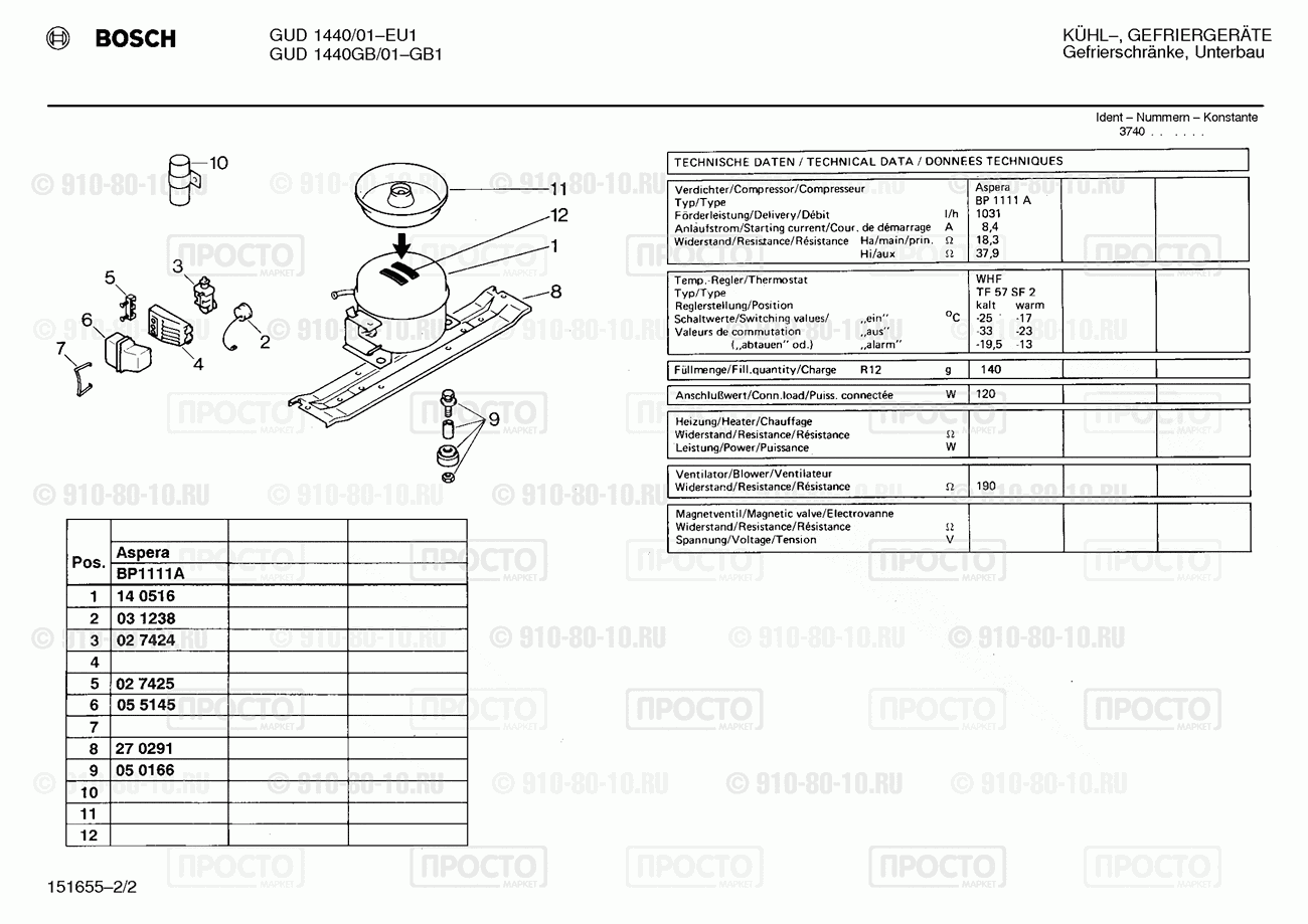 Холодильник Bosch GUD1440/01 - взрыв-схема